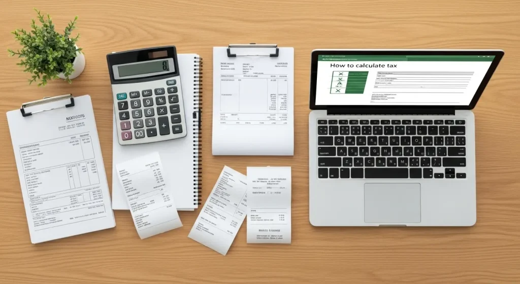 نمایی از بالا از میز کار چوبی با لپ‌تاپی که صفحه 'نحوه محاسبه مالیات' را نمایش می‌دهد، در کنار ماشین‌حساب، دفترچه، رسیدها و فرم‌های مالیاتی، نشان‌دهنده فرآیند محاسبه مالیات کسب‌وکار