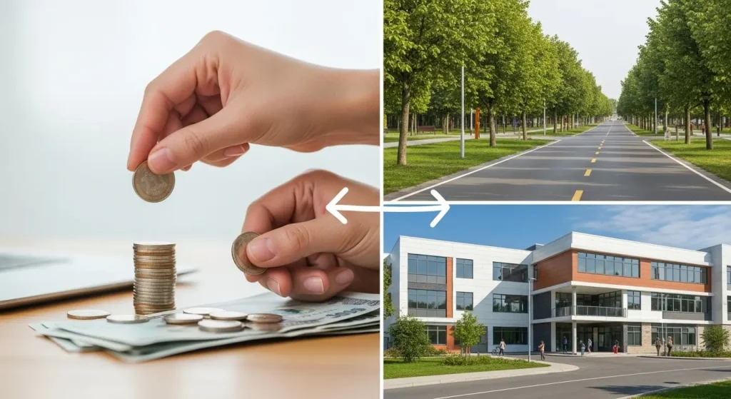 تصویر ترکیبی که در یک سمت دستانی در حال گذاشتن سکه روی پول را نشان می‌دهد و با یک فلش به سمت دیگر متصل می‌شود که در آن یک جاده آسفالته و یک ساختمان مدرسه مدرن دیده می‌شود، نمادی از تبدیل مالیات پرداختی به خدمات عمومی