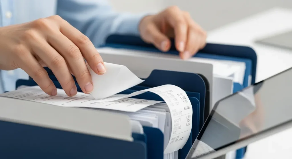 دستان فردی در حال بایگانی دقیق یک رسید بلند در یک پوشه آبی مخصوص اسناد مالی، نمادی از اهمیت مستندسازی هزینه‌ها برای مالیات کسب‌وکار.