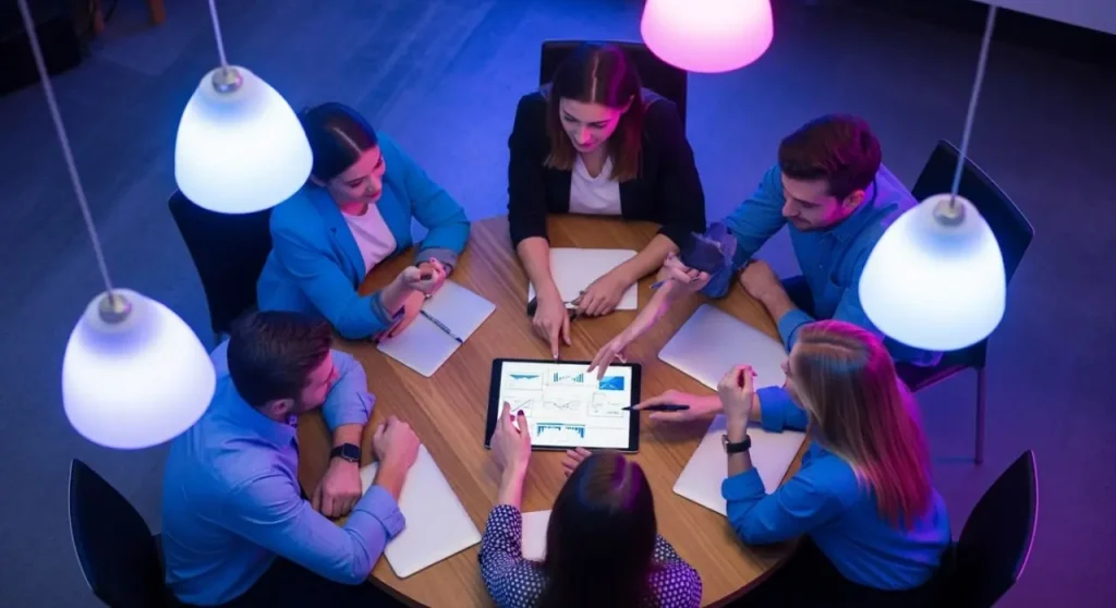 جلسه تیمی با تبلت در مرکز، در حال بررسی نمودارهای مالی و گزارش‌های مالیاتی