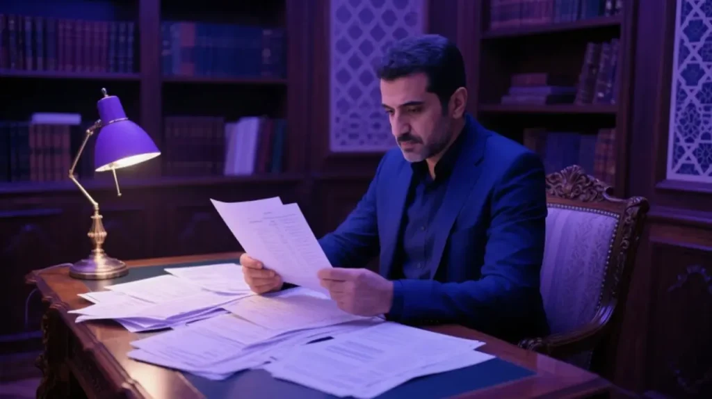 صاحب کسب‌وکار یا مشاور مالیاتی در حال بررسی دقیق مدارک مربوط به اظهارنامه مالیاتی ۱۴۰۳ در دفتر کار.