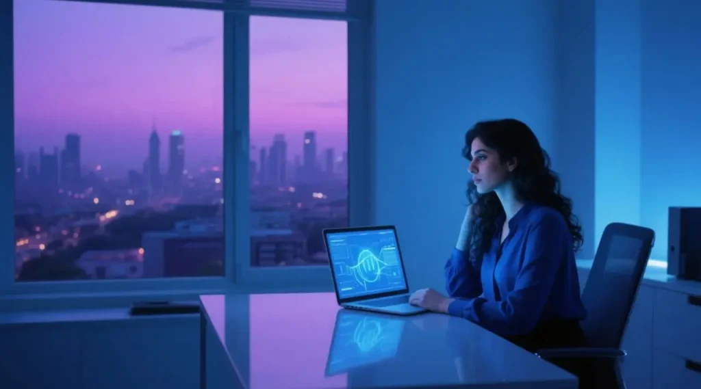 فردی در حال مدیریت کسب و کار اینترنتی و امور مالیاتی با نمای شهر در پس‌زمینه