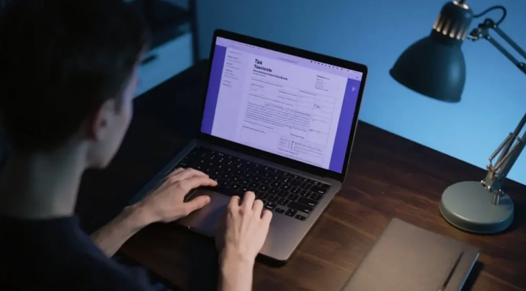 فردی در حال تکمیل اظهارنامه مالیاتی کسب و کار اینترنتی به صورت آنلاین روی لپتاپ