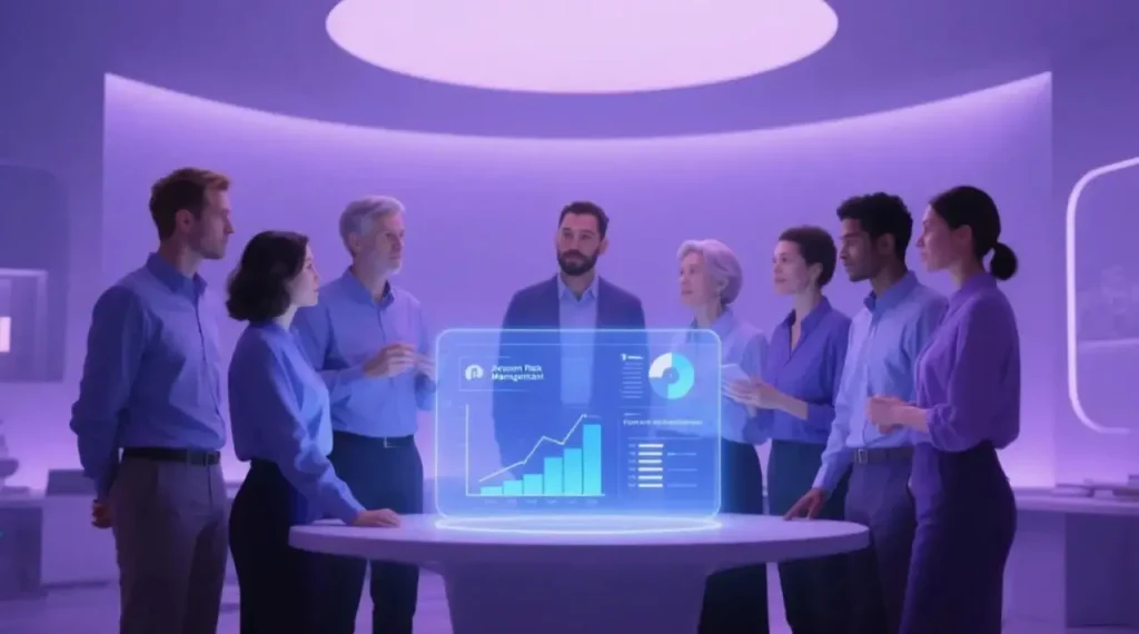 گروهی از افراد حرفه‌ای در یک جلسه کاری مدرن، در حال بررسی داشبورد مدیریتی دیجیتال شامل نمودارها و تحلیل‌های مالی.