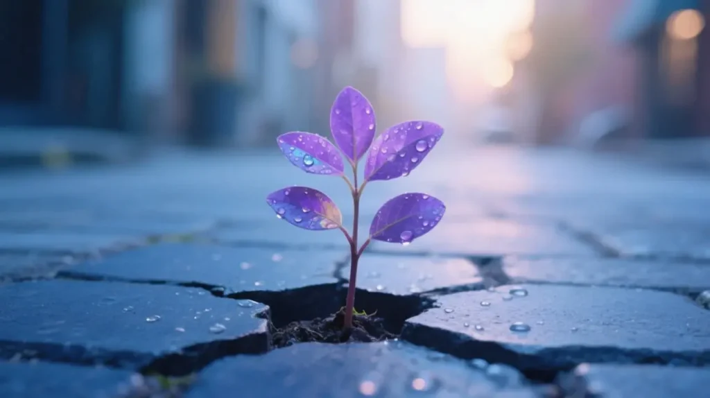 رشد یک گیاه بنفش از دل آسفالت؛ نماد امید و رشد مالی