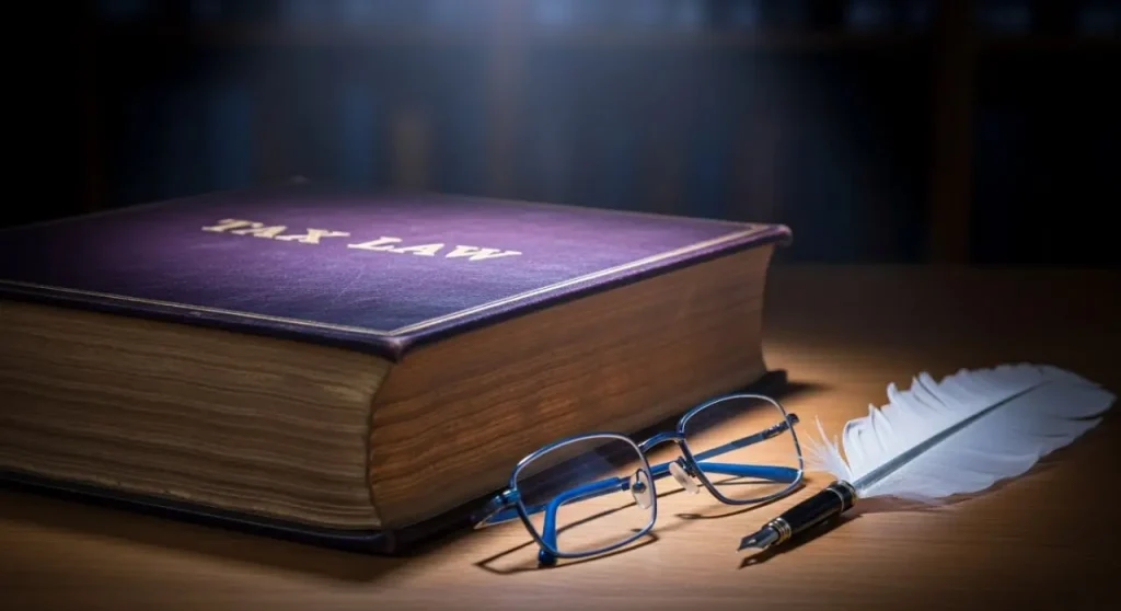 کتاب قطور "قوانین مالیاتی" همراه با عینک و قلم پر، نشان‌دهنده اهمیت قوانین مالیاتی