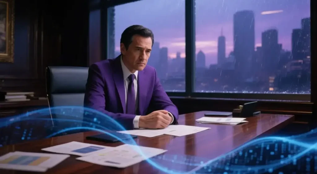 مردی با کت بنفش در دفتر کاری لوکس، نشسته پشت میز و مشغول بررسی اسناد مالی، در حالی که پنجره پشت سرش چشم‌اندازی از شهر در هوای بارانی دارد.